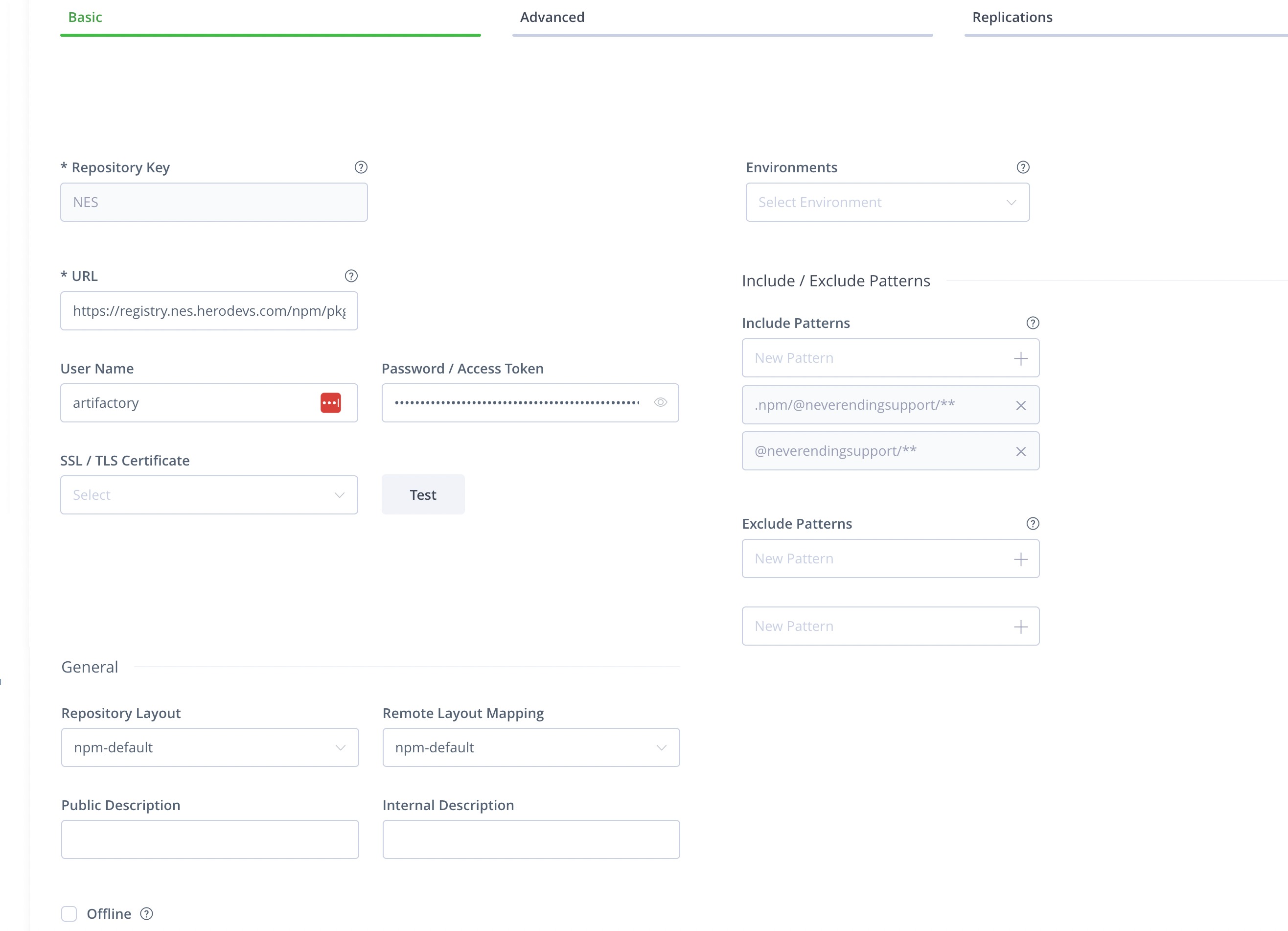 Completed JFrog Artifactory Basic tab configuration for NPM remote repository showing Repository Key, URL, Username, Password, Include Patterns, and Remote Mapping Layout fields filled in