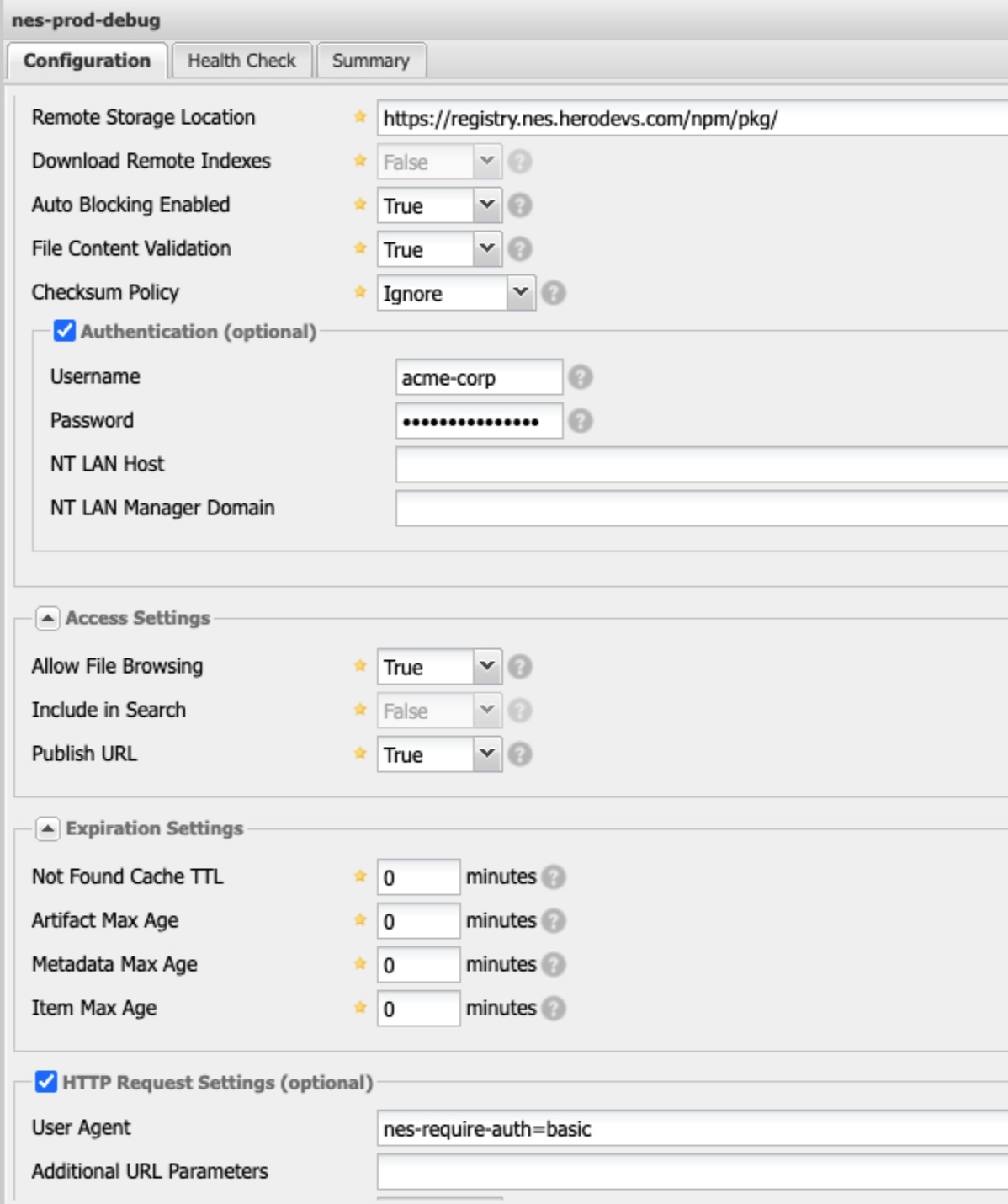 Sonatype Nexus 2 repository configuration showing HTTP Request Settings with User Agent field containing nes-require-auth=basic and incorrect authentication credentials provided